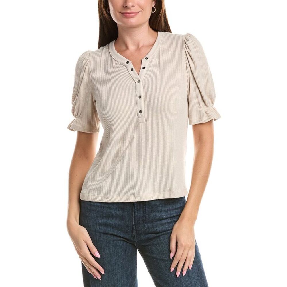 Michael Stars Womens Jayden Ribbed Henley Femme Top, Gray